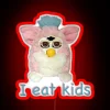 Quirky Furby character eating a kid in neon RGB glow