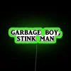 Vibrant RGB neon sign featuring a quirky garbage boy design.