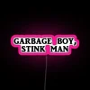 Vibrant, eye-catching, multicolored 'Garbage Boy' neon sign with RGB lighting.
