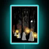 Neon sign featuring a whimsical parade of ghostly figures illuminated.