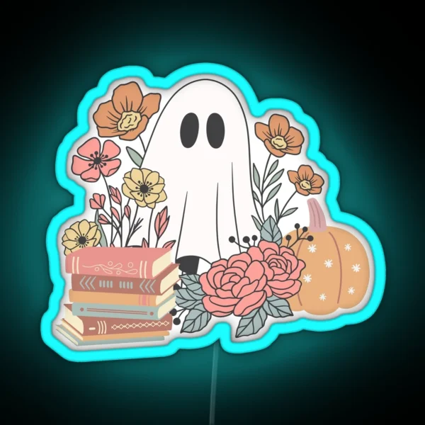 Ghost With Books And Flowers RGB Neon Sign