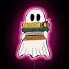 Ethereal Ghost surrounded by neon lit books ambient signage display