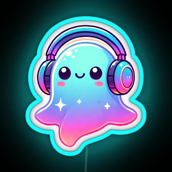 Ghostly Grooves Cute Ghost With Headphones Halloween RGB Neon Sign