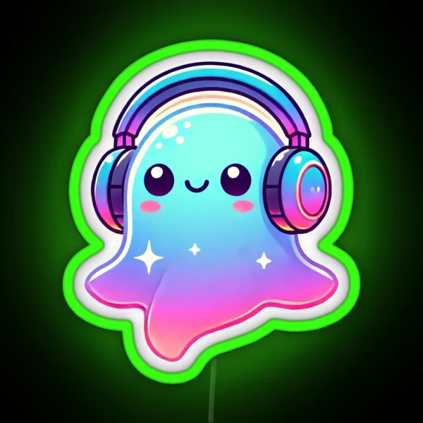 Ghostly Grooves Cute Ghost With Headphones Halloween RGB Neon Sign