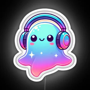 Ghostly Grooves Cute Ghost With Headphones Halloween Design RGB Neon Sign