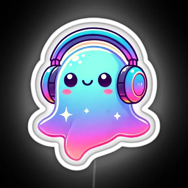 Ghostly Grooves Cute Ghost With Headphones Halloween RGB Neon Sign