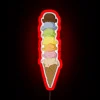 Vibrant giant neon sign glows with colorful rainbow ice cream design.