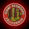 Vintage map-style travel decal featuring giant redwoods of California