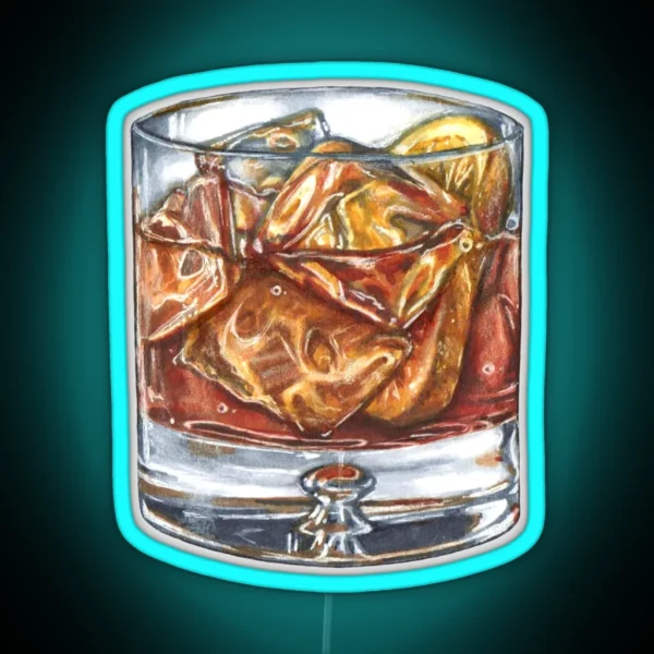 Glass Of Old Fashioned Whisky Cocktail Hand Drawn Food RGB Neon Sign