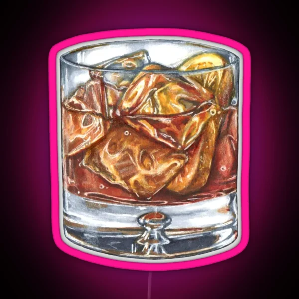 Glass Of Old Fashioned Whisky Cocktail Hand Drawn Food RGB Neon Sign