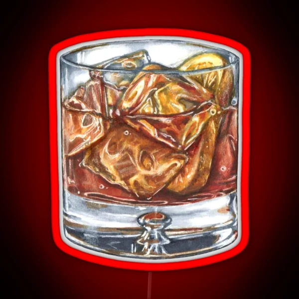 Glass Of Old Fashioned Whisky Cocktail Hand Drawn Food RGB Neon Sign