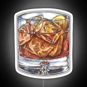 Glass Of Old Fashioned Whisky Cocktail Hand Drawn Food Illustration RGB Neon Sign