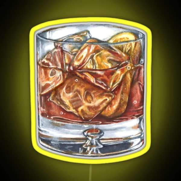 Glass Of Old Fashioned Whisky Cocktail Hand Drawn Food RGB Neon Sign