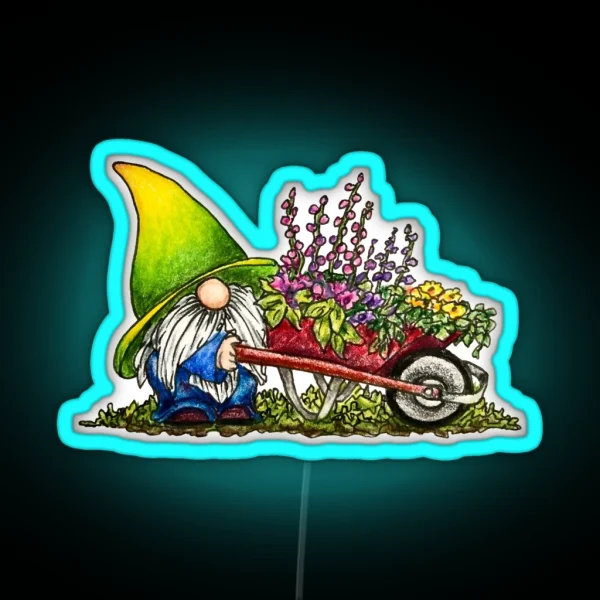 Gnome With Wheelbarrow Of Flowers RGB Neon Sign