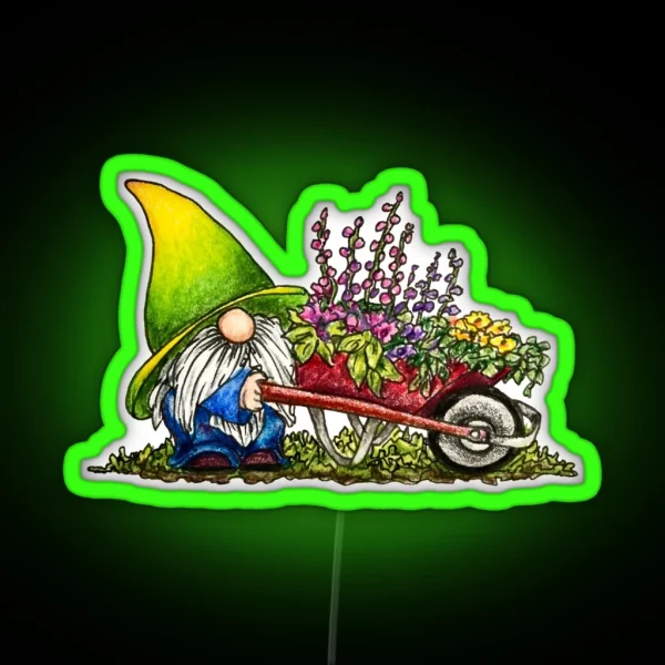 Gnome With Wheelbarrow Of Flowers RGB Neon Sign
