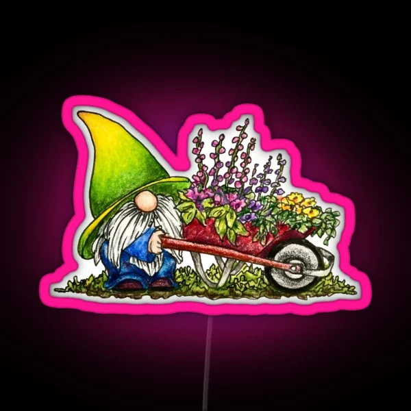 Gnome With Wheelbarrow Of Flowers RGB Neon Sign