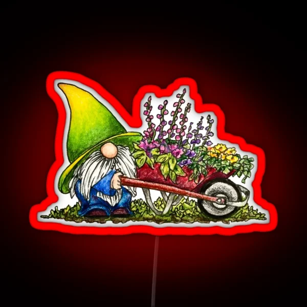 Gnome With Wheelbarrow Of Flowers RGB Neon Sign