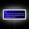 A Vibrant Neon Sign Featuring TEA's Iconic Character in Colorful Glory