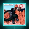 Large scale RGB illuminated Godzilla throwing money in vibrant colors.