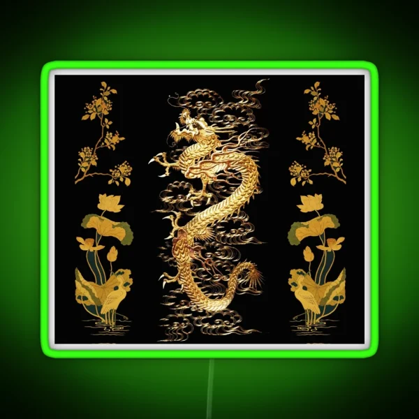 GOLD DRAGON IN BLACK Egret Lotus Green Gold Floral RGB Neon Sign