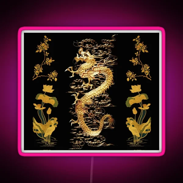 GOLD DRAGON IN BLACK Egret Lotus Green Gold Floral RGB Neon Sign