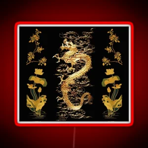 GOLD DRAGON IN BLACK Egret Lotus Green Gold Floral RGB Neon Sign