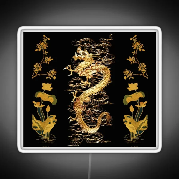 GOLD DRAGON IN BLACK Egret Lotus Green Gold Floral RGB Neon Sign