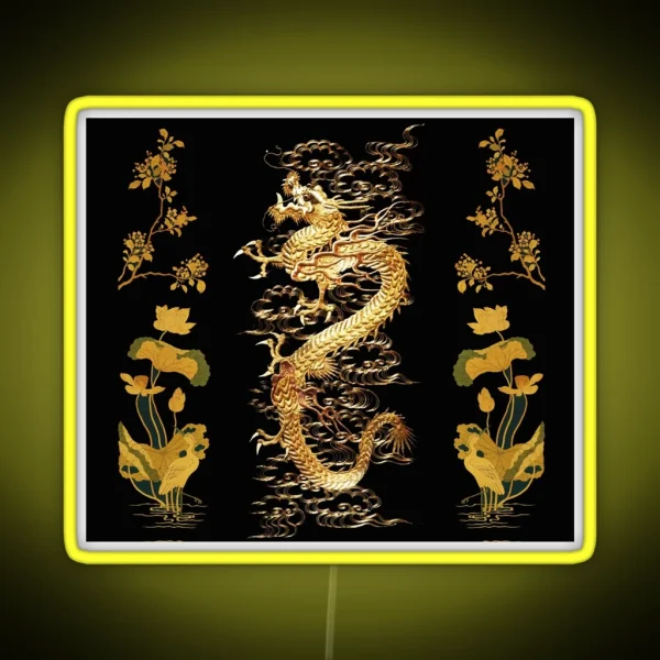 GOLD DRAGON IN BLACK Egret Lotus Green Gold Floral RGB Neon Sign