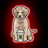 Neon coffee sign featuring a playful goldendoodle design in RGB.