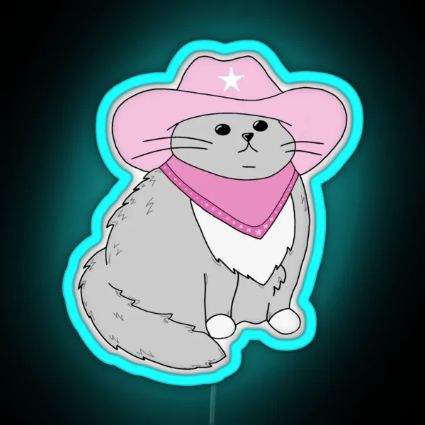 Gray Cat With Pink Cowboy Hat And Bandana RGB Neon Sign