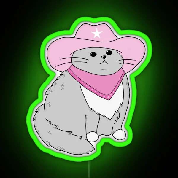 Gray Cat With Pink Cowboy Hat And Bandana RGB Neon Sign