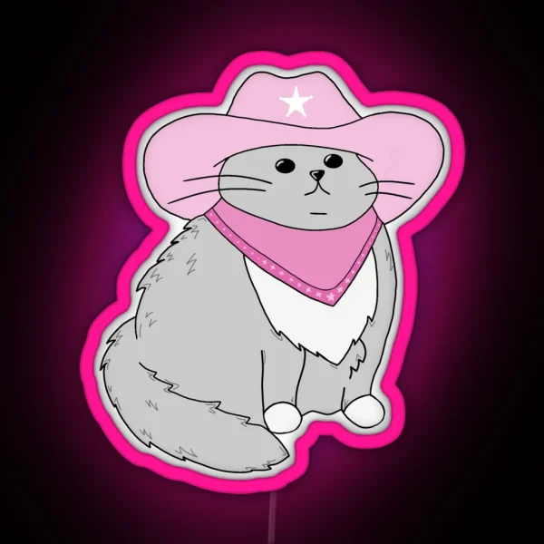 Gray Cat With Pink Cowboy Hat And Bandana RGB Neon Sign