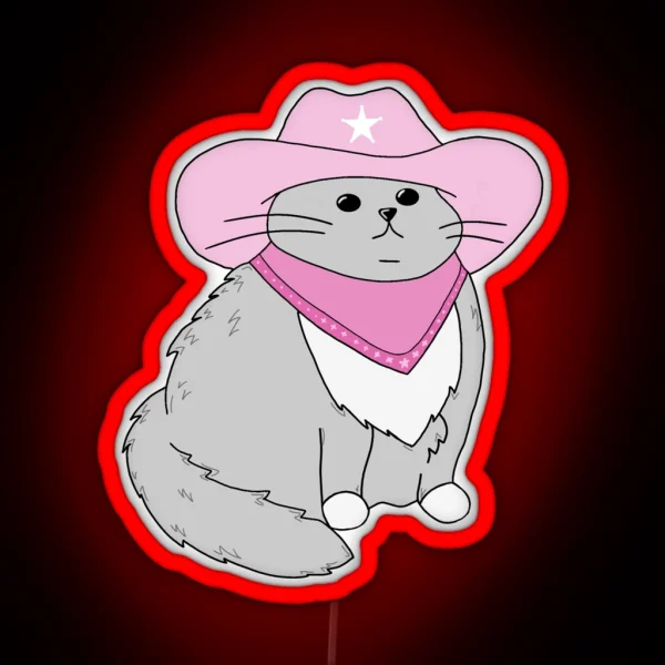 Gray Cat With Pink Cowboy Hat And Bandana RGB Neon Sign