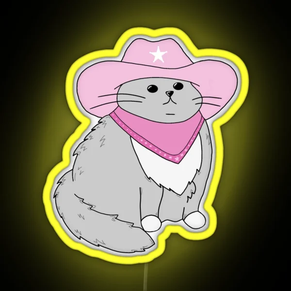 Gray Cat With Pink Cowboy Hat And Bandana RGB Neon Sign
