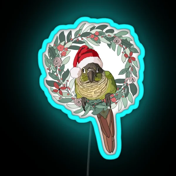 Green Cheek Conure Wearing Santa Hat RGB Neon Sign