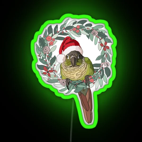 Green Cheek Conure Wearing Santa Hat RGB Neon Sign