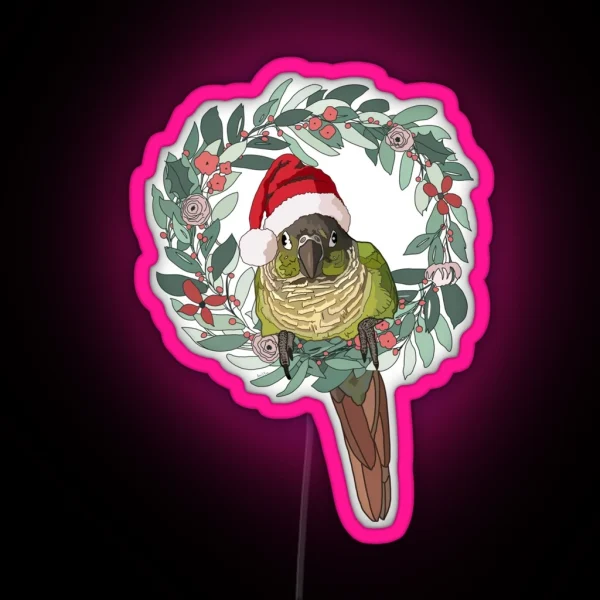 Green Cheek Conure Wearing Santa Hat RGB Neon Sign