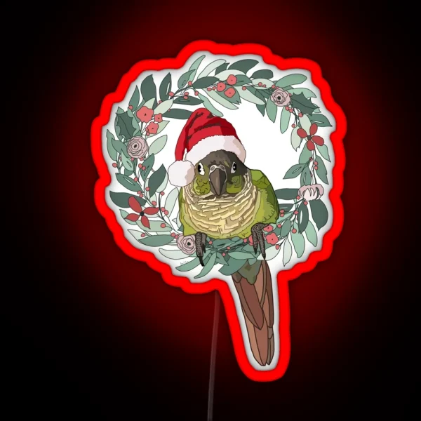 Green Cheek Conure Wearing Santa Hat RGB Neon Sign