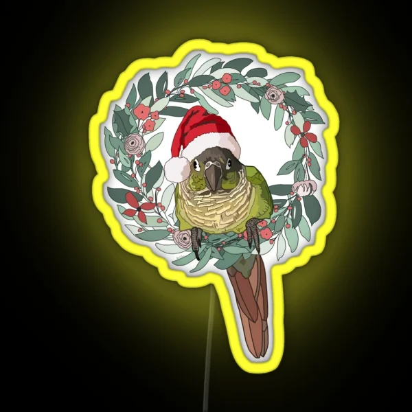 Green Cheek Conure Wearing Santa Hat RGB Neon Sign