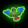 Vibrant neon sign featuring a colorful green cheeked conure design.