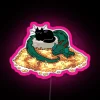 Colorful neon sign featuring a dragon cat amidst treasure chests.