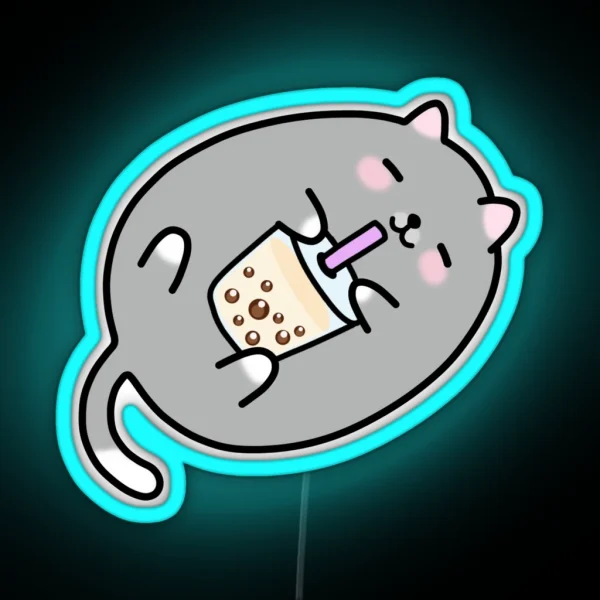 Grey Chubby Boba Cat RGB Neon Sign