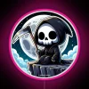 Glowing grim reaper in serene meditation on rugged cliff landscape