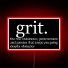 Neon lightbox featuring bold, colorful grit typography in RGB lighting.