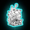 Neon open book with flying butterfly symbolizing growth and wisdom