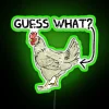 Colorful farmhouse neon decor with edible chicken theme sign artwork.