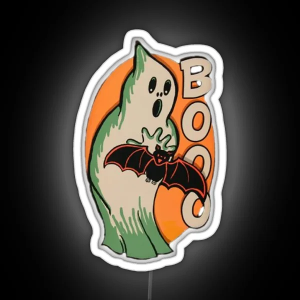 Halloween Ghost Scares Bat With Boo RGB Neon Sign