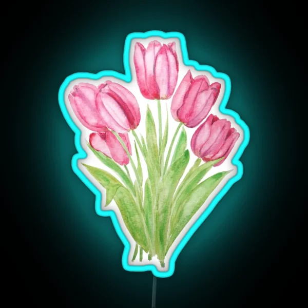 Hand Painted Pink Tulips Flowers Watercolor Painting RGB Neon Sign
