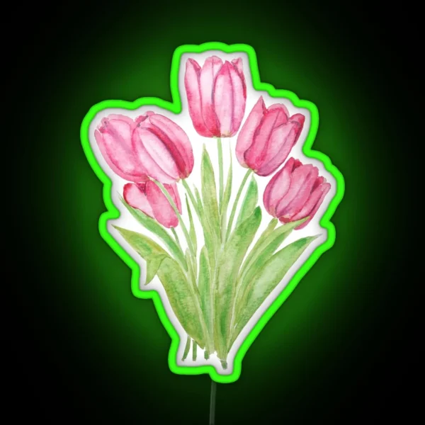 Hand Painted Pink Tulips Flowers Watercolor Painting RGB Neon Sign