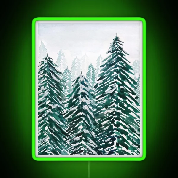 Hand Painted Snowy Pine Forest Green RGB Neon Sign